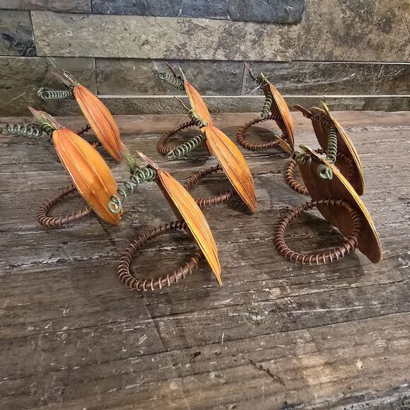 Set of 8 Fall Thanksgiving Metal Pumpkin Napkin Ring Holders Rustic - Picture 2 of 5
